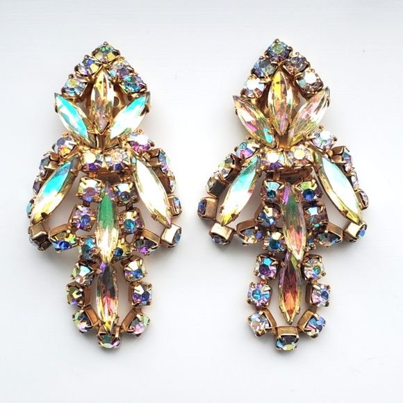 Vintage 80s Rhinestone Dangle Statement Earrings Clip-on - Picture 3 of 5